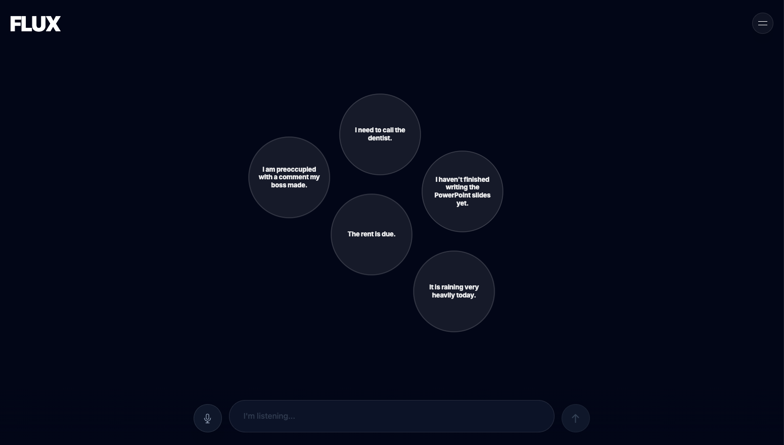 Nebula Input - thought bubbles floating on dark canvas with voice input