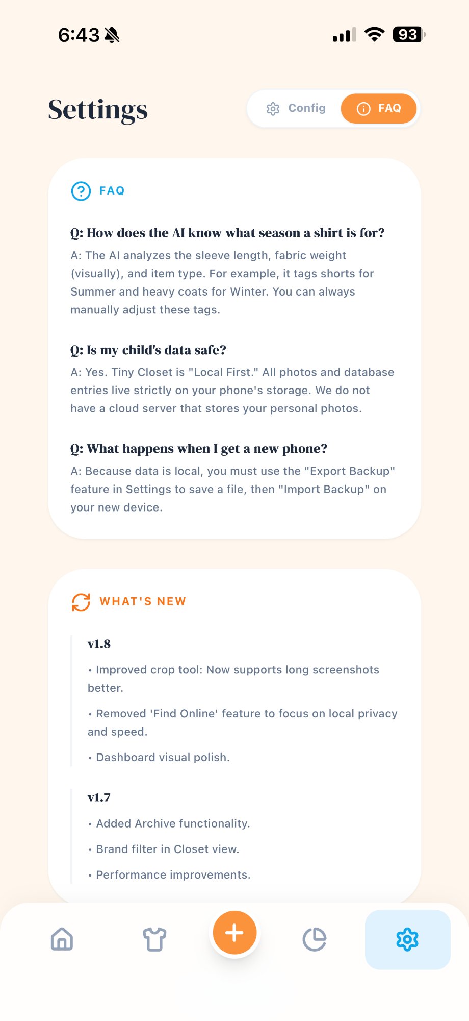 Tiny Closet — Settings & FAQ